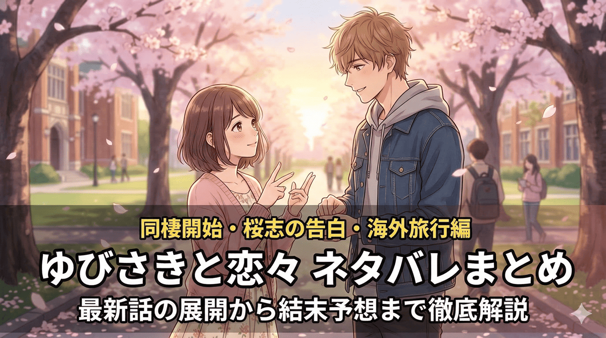 「ゆびさきと恋々 ネタバレ記事のアイキャッチ画像。手話で想いを伝え合う雪と逸臣のロマンチックな構図。同棲開始・桜志の告白・海外旅行編などの最新展開を徹底解説」