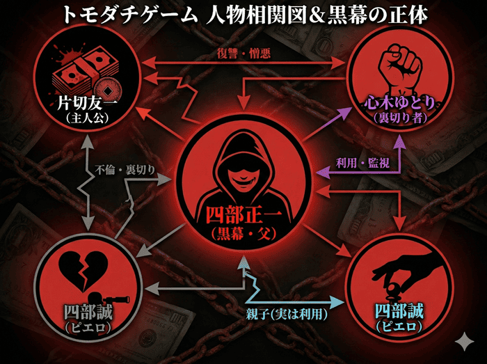 トモダチゲームの人物相関図。黒幕である四部正一を中心に、片切友一、心木ゆとり、四部誠、片切友華との複雑な関係性を図示。