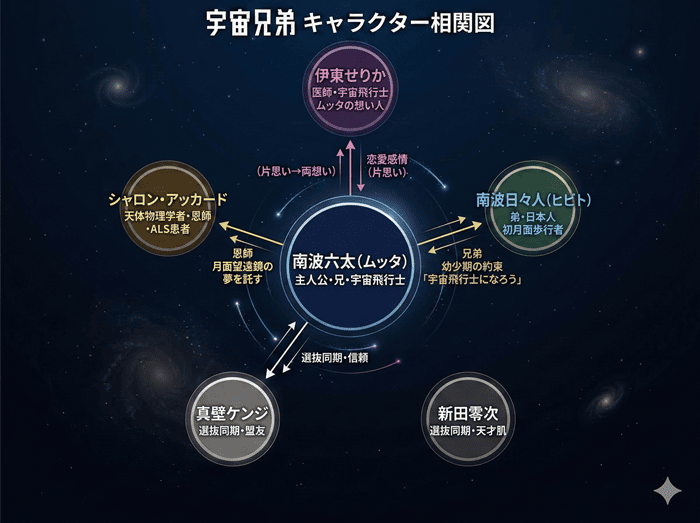 「宇宙兄弟のキャラクター相関図。中央にムッタ（南波六太）を配置し、ヒビト・せりか・シャロン・ケンジ・零次との関係を矢印と関係ラベルで図示」