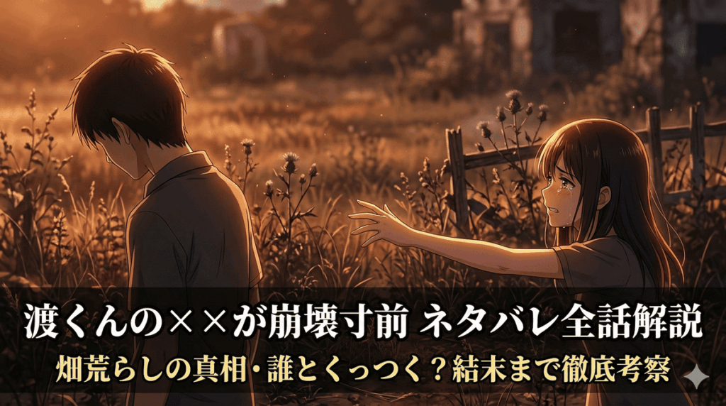 渡くんの××が崩壊寸前 ネタバレ記事のアイキャッチ画像。夕暮れの廃れた畑に立つ渡直人と館花紗月、少女が男性の背中に向かって手を伸ばすドラマチックな構図。