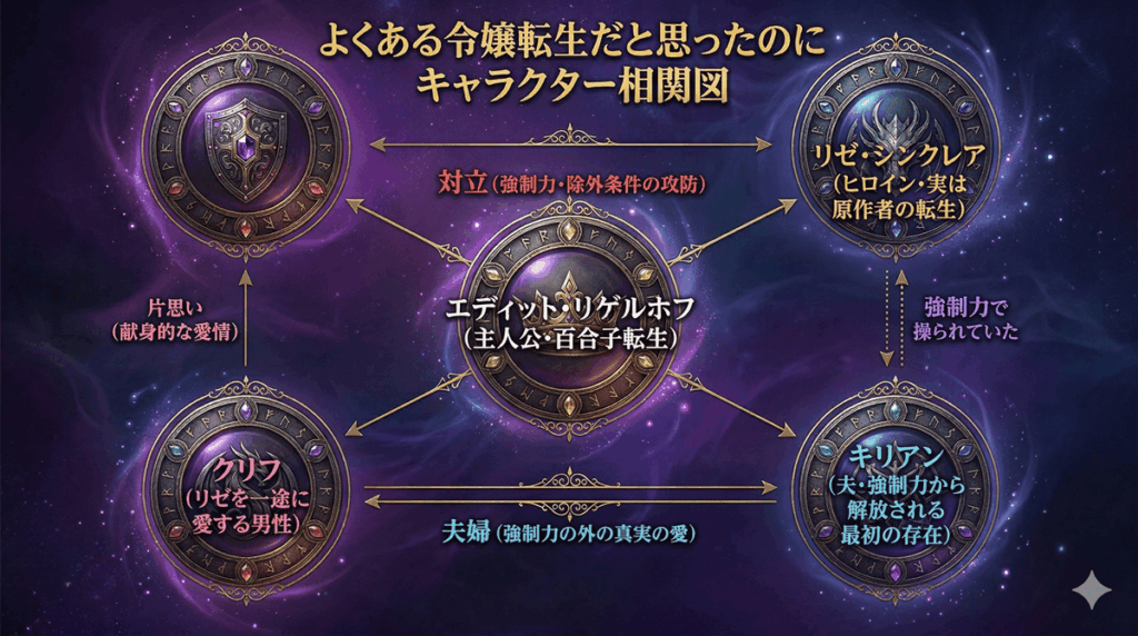 よくある令嬢転生だと思ったのにのキャラクター相関図。エディット・キリアン・リゼ・クリフの4人の関係性を図示。エディットとキリアンの真実の愛、リゼとエディットの強制力をめぐる対立構造が一目でわかる

