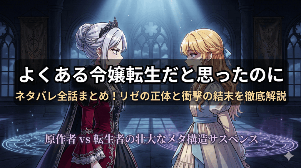 よくある令嬢転生だと思ったのに ネタバレ記事のアイキャッチ画像。悪役令嬢エディットと原作者の魂を持つリゼが対峙する緊張感あるシーン