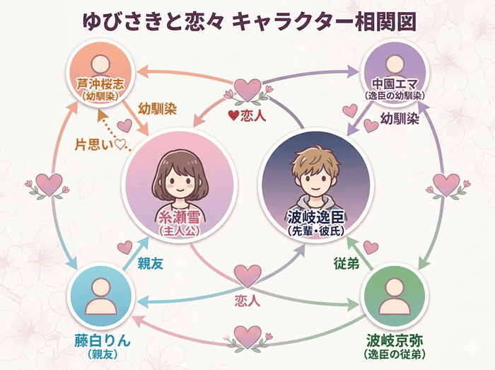 「ゆびさきと恋々のキャラクター相関図。中央に恋人同士の糸瀬雪と波岐逸臣、左に雪に片思い中の幼馴染・芦沖桜志、下に親友の藤白りんとその彼氏・波岐京弥、右に逸臣の幼馴染・中園エマを配置。6人の恋愛関係と友情関係を図示」