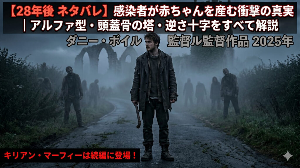 28年後ネタバレ記事のアイキャッチ。霧に包まれた廃墟の道に立つ青年の後ろで感染者たちの影が迫る、ダークなポスト・アポカリプスのシネマティックな構図