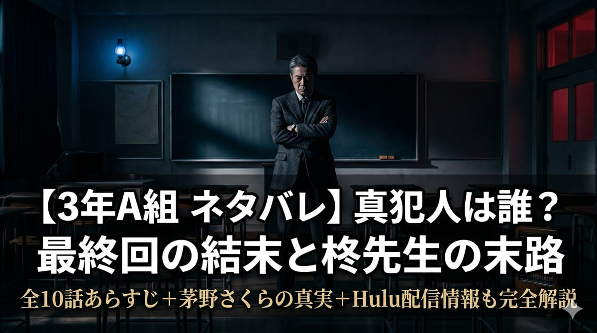 3年A組 ネタバレ記事のアイキャッチ画像。薄暗い教室に立つ教師の背中のドラマチックな構図で、菅田将暉演じる柊一颯の人質事件を表現
