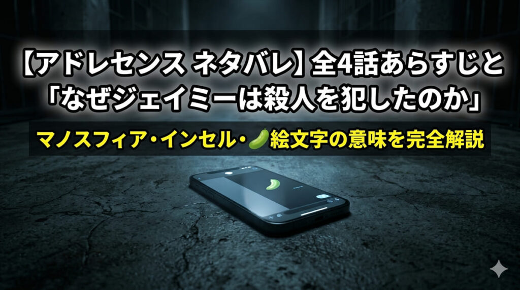 アドレセンス ネタバレ記事のアイキャッチ画像。暗闇の中でスマートフォンに🫘の絵文字が表示されているシーン。Netflixドラマのシリアスな雰囲気を表現。
