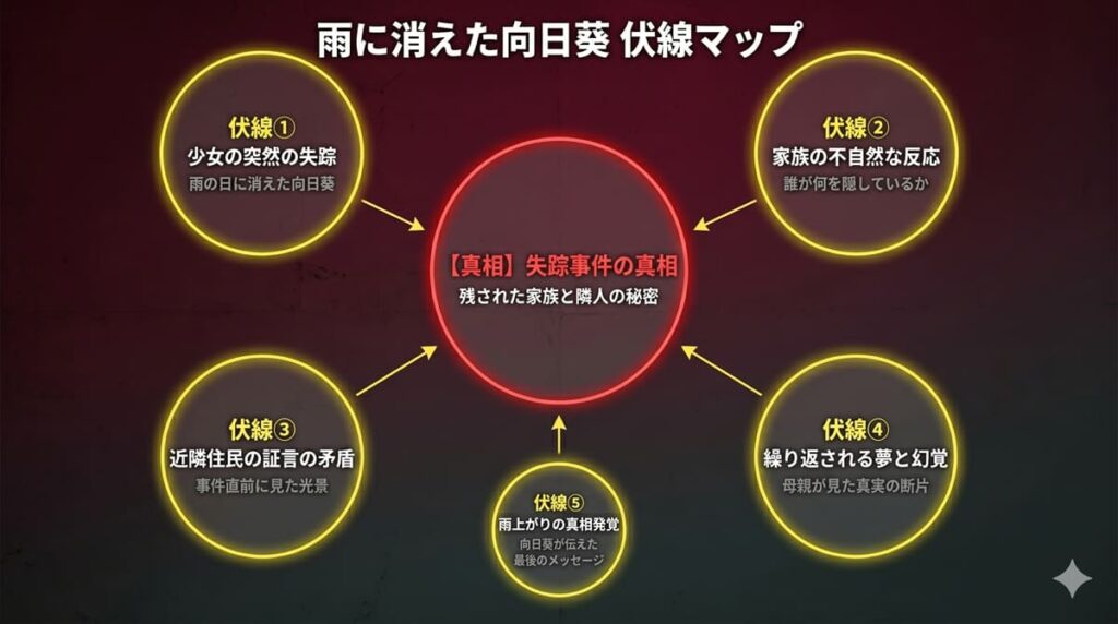 雨に消えた向日葵の伏線マップ。中央に失踪事件の真相という真相を据え、少女の失踪・家族の反応・住民の矛盾・夢と幻覚・真相発覚という5つの伏線が真相に収束する構造を図示