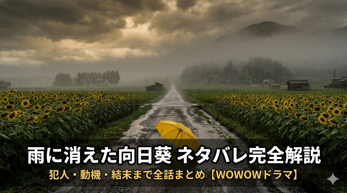 雨に消えた向日葵 ネタバレ解説記事のアイキャッチ画像。向日葵畑の一本道に傘が残され、豪雨の中に少女が消えた事件の始まりを表す構図