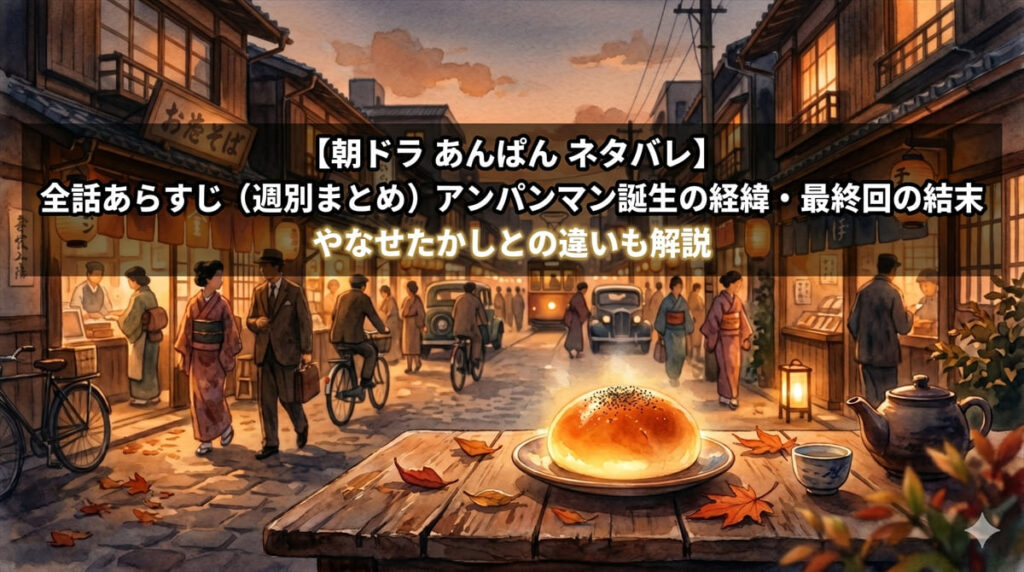朝ドラ「あんぱん」ネタバレ記事のアイキャッチ画像。昭和の街並みとあんぱんをモチーフにした温かみのある構図に、記事タイトルを重ねた縦書き風バナー