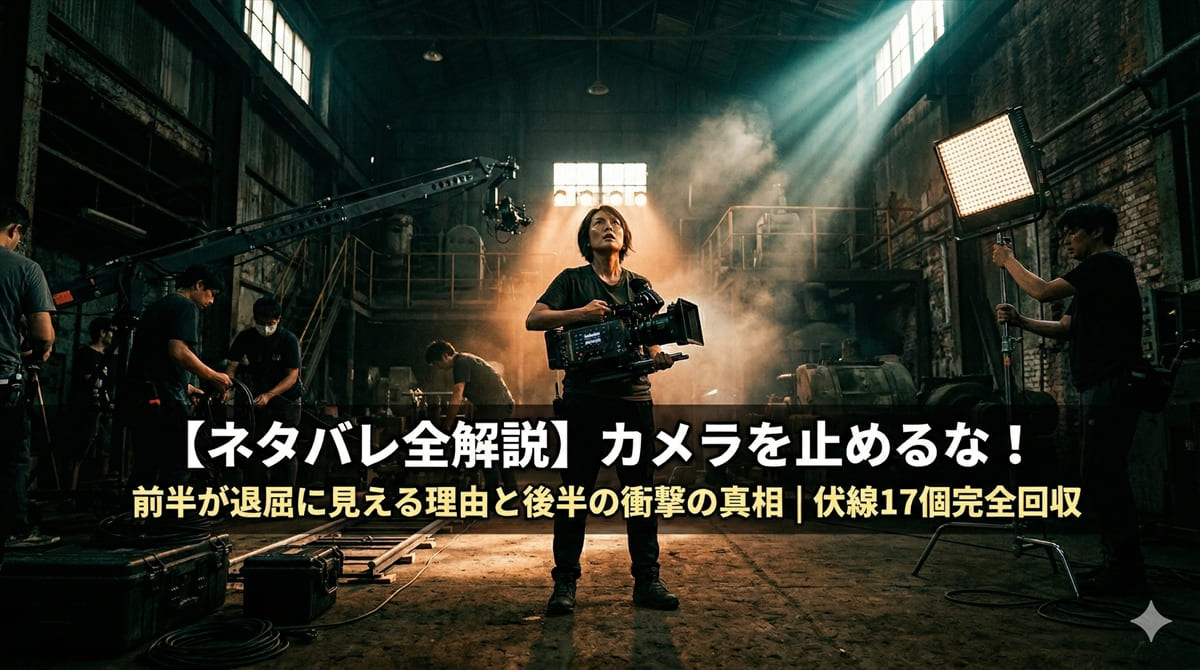 カメラを止めるな！ネタバレ記事のアイキャッチ画像。カメラを持った映画監督が廃墟の中で上を見上げる、ドラマチックなシネマティック構図。