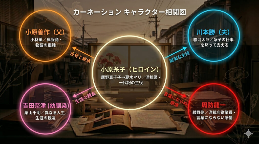 NHK朝ドラ「カーネーション」のキャラクター相関図。小原糸子を中心に、父・小原善作、夫・川本勝、幼馴染・吉田奈津、周防龍一の関係性を図示した5人の相関図