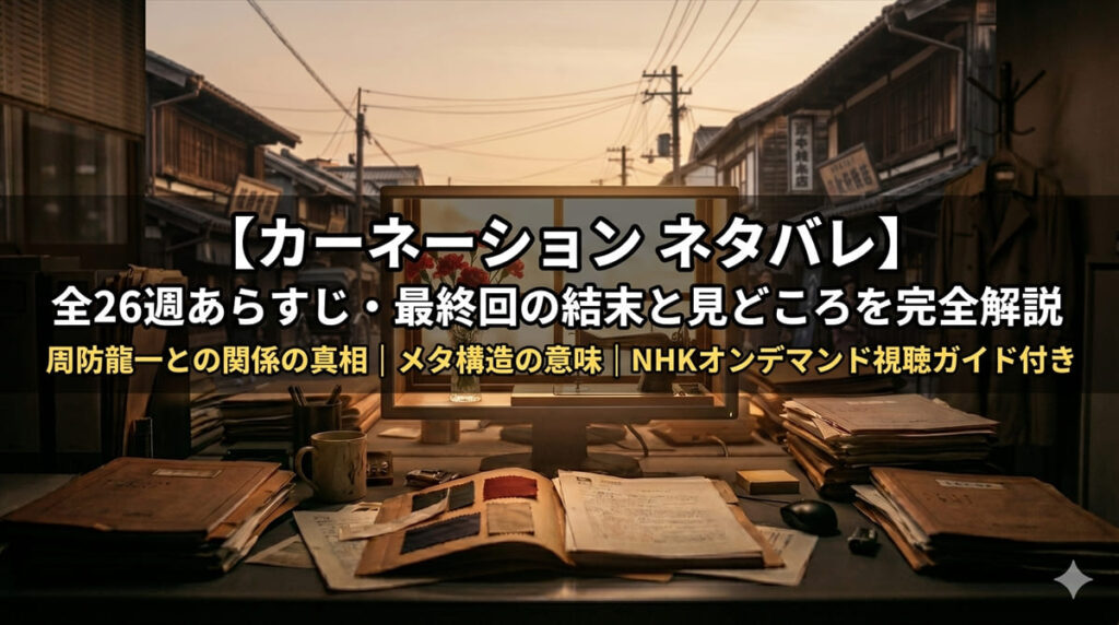 ネタバレ解説記事のアイキャッチ画像。昭和初期の岸和田・洋裁店のノスタルジックな風景に、記事タイトルを重ねた温かみのあるシネマティックなバナー