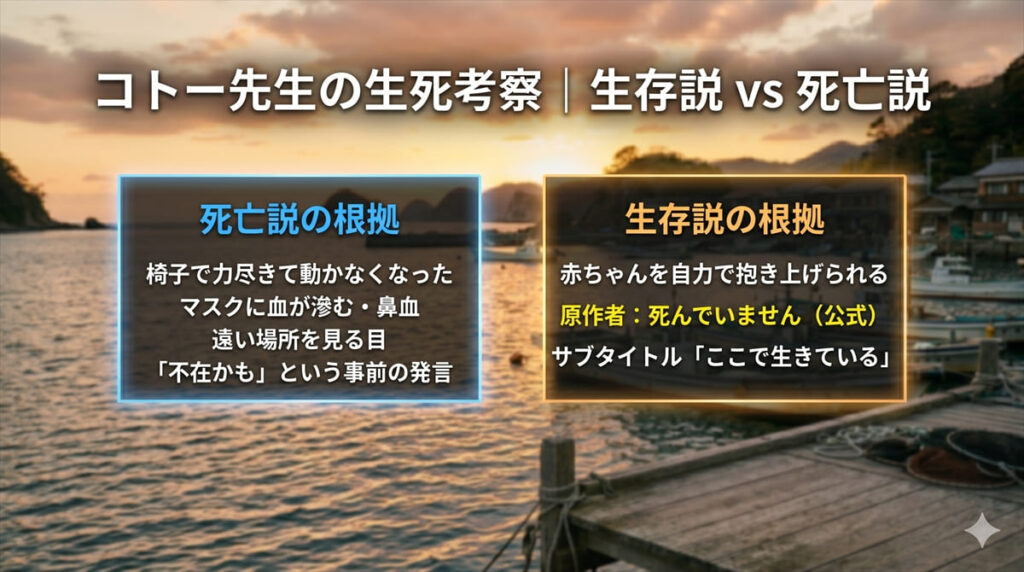 映画Dr.コトー診療所のラスト考察図解。左に「死亡説の根拠」（椅子で力尽きる・マスクの血）、右に「生存説の根拠」（赤ちゃんを抱き上げる・原作者の公式コメント）を対比表示