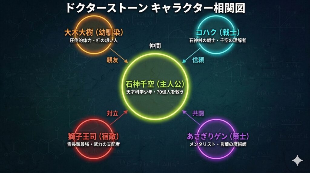 「ドクターストーンのキャラクター相関図。石神千空を中心に、大木大樹・コハク・獅子王司・あさぎりゲンの関係性を図示」