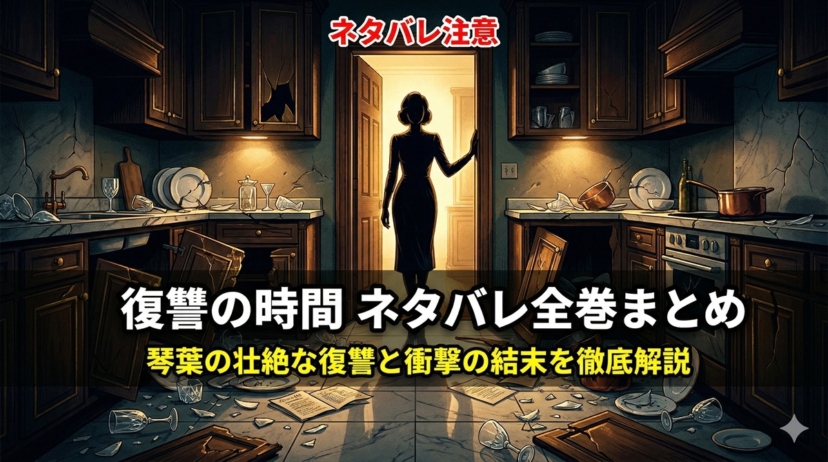 復讐の時間 ネタバレ記事のアイキャッチ画像。暗い室内に立つ女性のシルエットが復讐への決意を表現する構図」