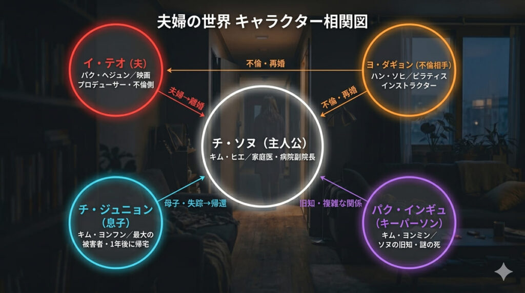 夫婦の世界（韓国ドラマ2020年）のキャラクター相関図。チ・ソヌを中心に、夫イ・テオ・不倫相手ヨ・ダギョン・息子チ・ジュニョン・パク・インギュの5人の関係性を図示した相関図