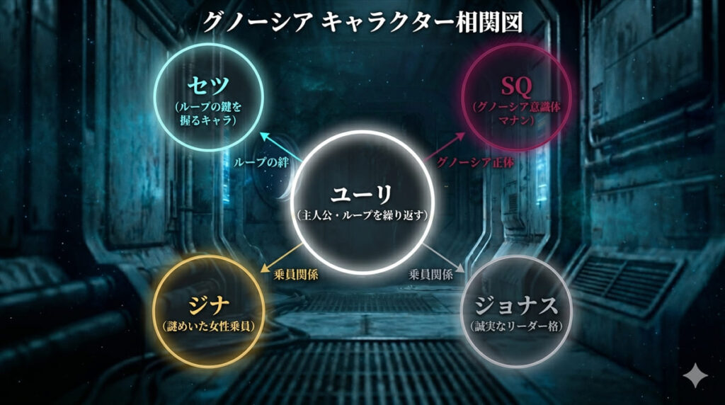 アニメ「グノーシア」キャラクター相関図。中央のユーリを囲む形で、セツ（左上）・SQ（右上）・ジナ（左下）・ジョナス（右下）の関係性を図示。SQとユーリの「グノーシア正体」関係と、セツとユーリの「ループの絆」関係が対比して描かれている。