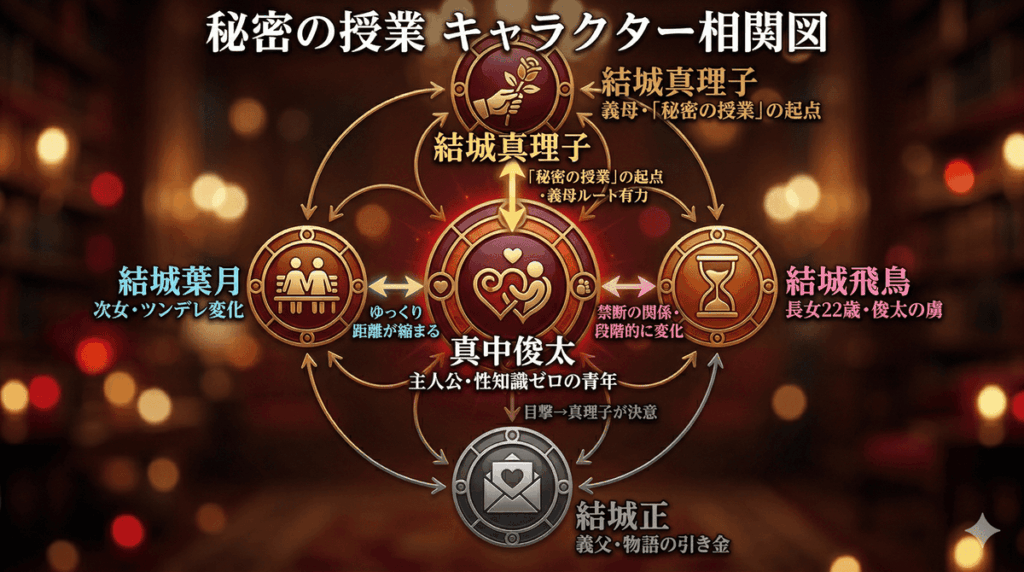 秘密の授業のキャラクター相関図。真中俊太を中心に、義母・結城真理子(授業の起点)・長女・飛鳥(俊太の虜)・次女・葉月(ツンデレ変化)・義父・結城正の関係線を図示。