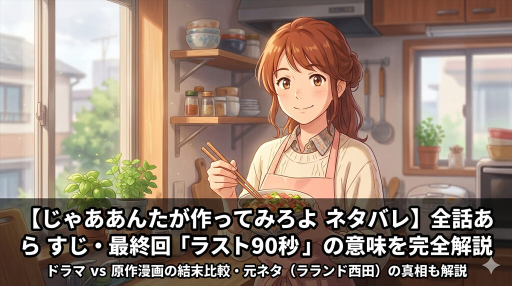 「じゃあ、あんたが作ってみろよ ネタバレ記事のアイキャッチ画像。キッチンで料理を持つ女性のアニメイラスト。自立と成長をテーマにした恋愛ドラマの解説記事を示す。」