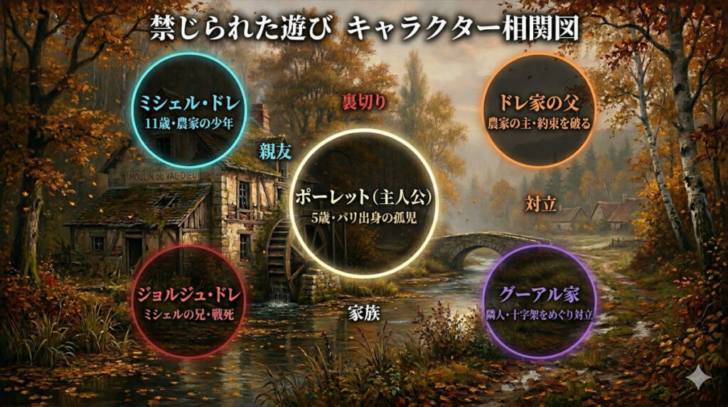 禁じられた遊びのキャラクター相関図。中央にポーレット、左上にミシェル・ドレ、右上にドレ家の父、左下にジョルジュ・ドレ、右下にグーアル家が配置され、各人物の関係性を図示。