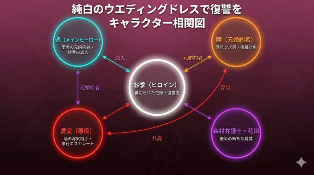 「純白のウエディングドレスで復讐をのキャラクター相関図。紗季を中心に、透、陸、愛実、森村弁護士と花田の関係性を図示」