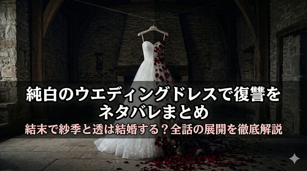 「純白のウエディングドレスで復讐を ネタバレ記事のアイキャッチ画像。純白のウエディングドレスと暗いドラマチックな背景のコントラスト」