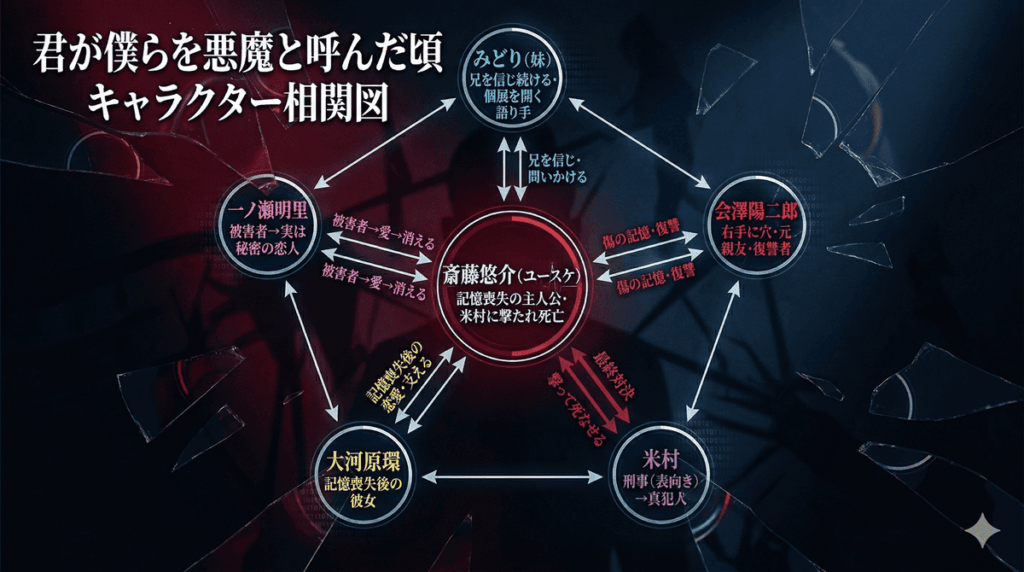 君が僕らを悪魔と呼んだ頃のキャラクター相関図。ユースケを中心に、妹みどり・元親友会澤・秘密の恋人明里・彼女の環・真犯人米村の関係線を図示。