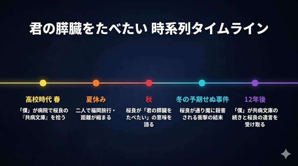 君の膵臓をたべたいの時系列タイムライン。共病文庫発見から桜良の死、12年後の遺言受領までの主要イベントを5段階で図示