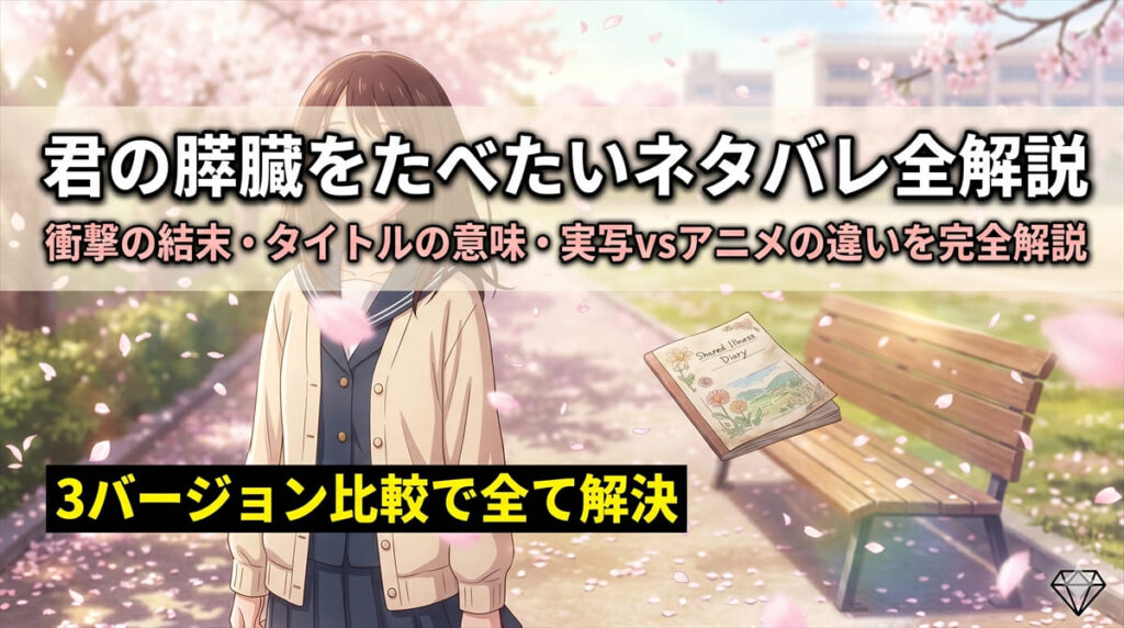 君の膵臓をたべたいネタバレ記事のアイキャッチ。桜の花びらが舞う中にたたずむ桜良をイメージした温かくも切ない雰囲気のシーン