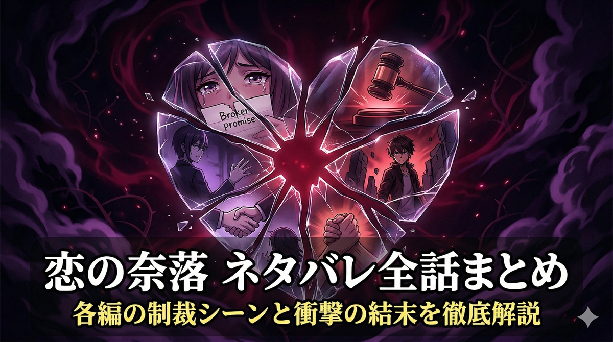 「恋の奈落 ネタバレ全話まとめ記事のアイキャッチ画像。砕けたガラスのハートが暗い深淵に浮かぶダークな構図」