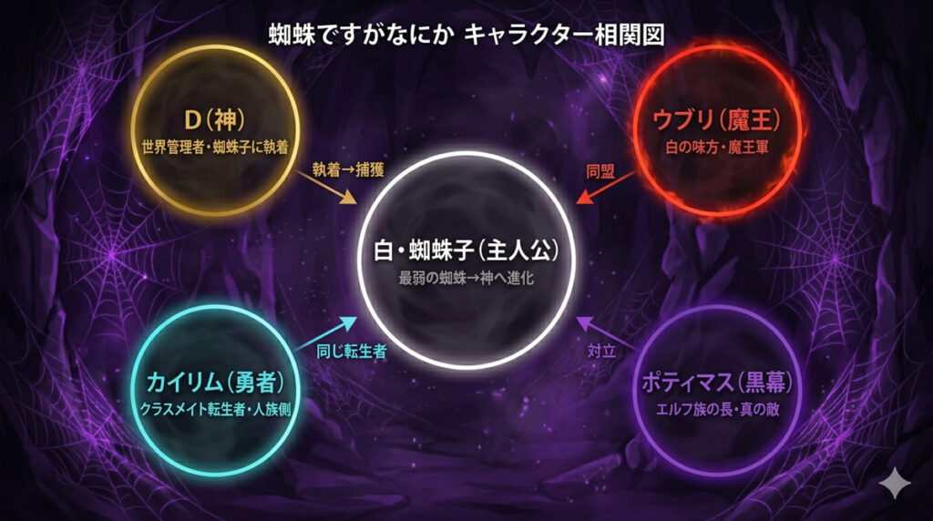蜘蛛ですがなにかのキャラクター相関図。白(蜘蛛子)を中心にD・ウブリ・カイリム・ポティマスとの関係性を図示
