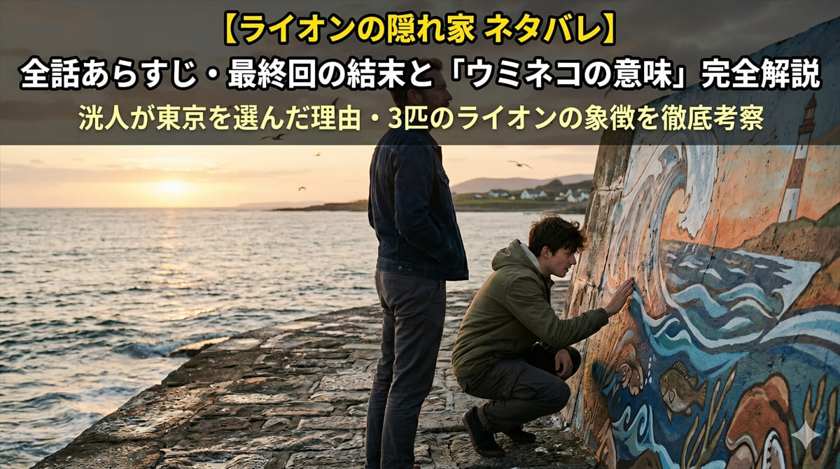 「ライオンの隠れ家 ネタバレ記事のアイキャッチ画像。夕暮れの海辺の堤防で壁画の前に立つ二人のシルエット」