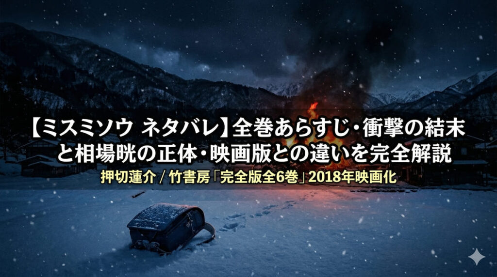 ミスミソウ ネタバレ解説記事のアイキャッチ画像。雪の中に一人立つ少女と燃える家屋のコントラストが印象的な構図。