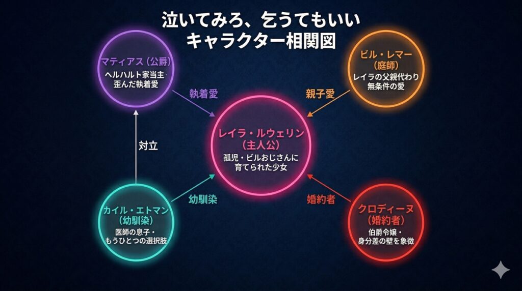 「泣いてみろ乞うてもいいのキャラクター相関図。レイラを中心に、マティアス、ビル、カイル、クロディーヌとの関係を図示」