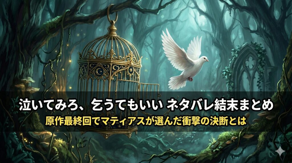 「泣いてみろ乞うてもいい ネタバレ記事のアイキャッチ画像。月明かりの森で鳥かごから白い鳥が飛び立つ幻想的な構図」
