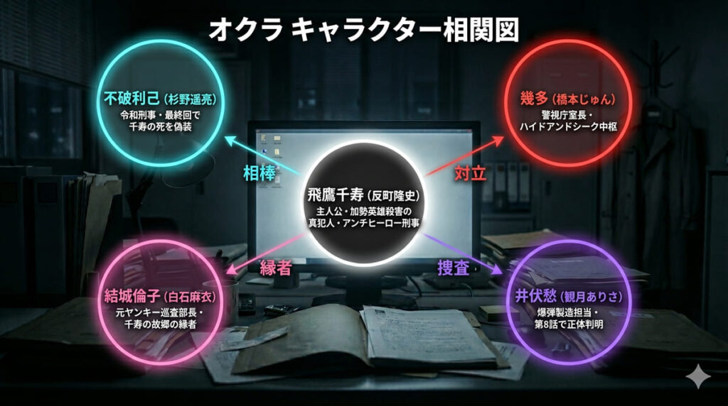 オクラのキャラクター相関図。主人公・飛鷹千寿を中心に、不破利己・幾多・結城倫子・井伏愁の5名の関係性を図示。