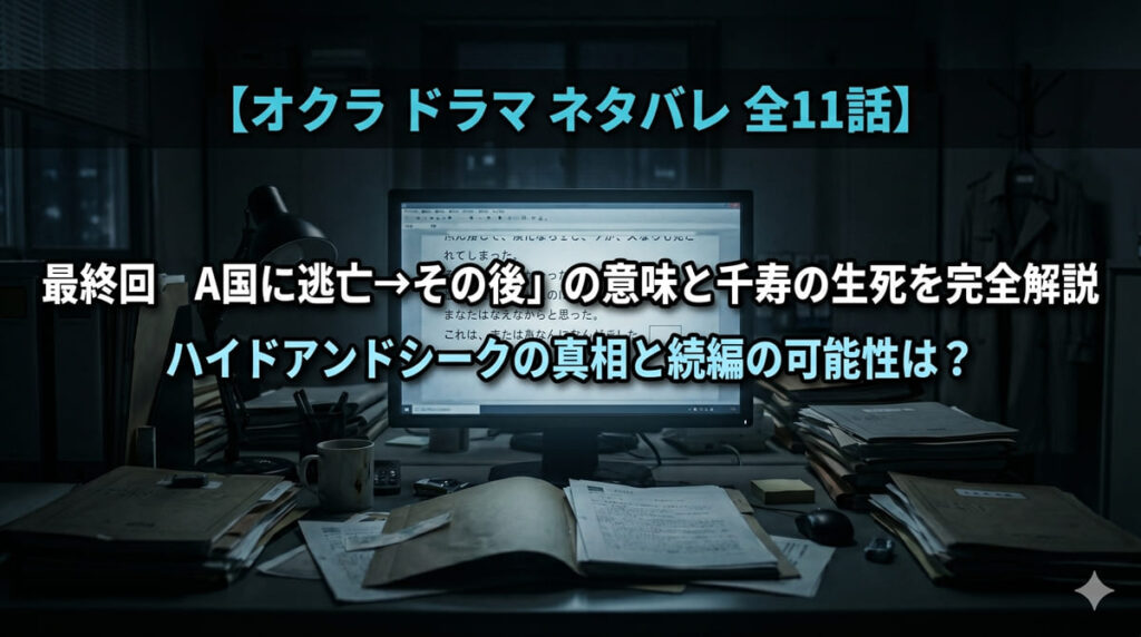 オクラドラマネタバレ記事のアイキャッチ画像。夜の暗いオフィスにパソコン画面だけが光り、途中で止まったファイル文書が映し出されたスリリングな構図。