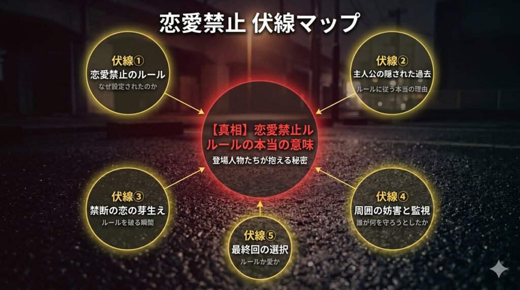 恋愛禁止の伏線マップ。中央にルールの本当の意味という真相を据え、ルールの起源・主人公の過去・禁断の恋・妨害と監視・最終回の選択という5つの伏線が真相に収束する構造を図示