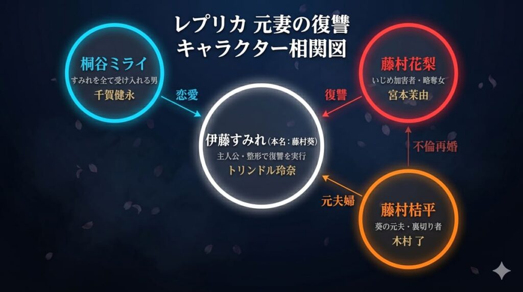 レプリカ 元妻の復讐のキャラクター相関図。中央に主人公の伊藤すみれ（藤村葵）、左上に桐谷ミライ（恋愛）、右上に藤村花梨（復讐対象）、右下に藤村桔平（元夫）の4人の関係を図示