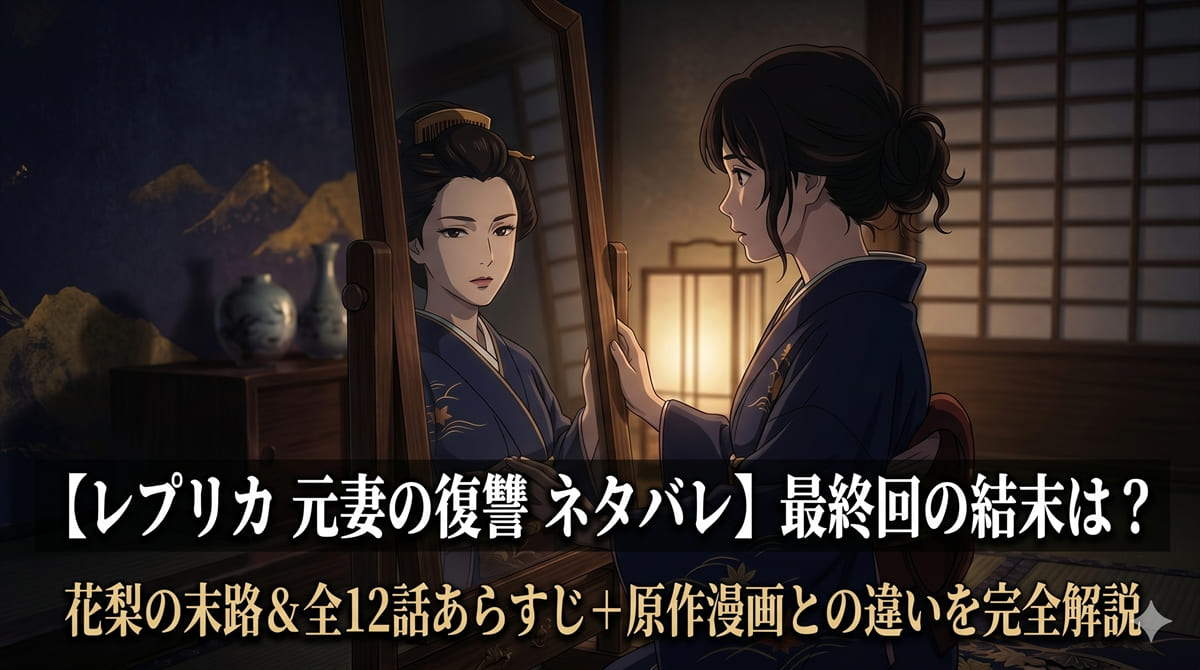 レプリカ 元妻の復讐 ネタバレ記事のアイキャッチ画像。鏡の中に別の顔を映す女性のドラマチックな構図で、整形して別人になった葵の復讐劇を表現