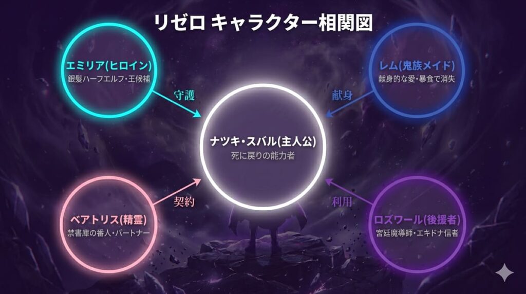 リゼロのキャラクター相関図。スバルを中心にエミリア・レム・ベアトリス・ロズワールの関係を図示