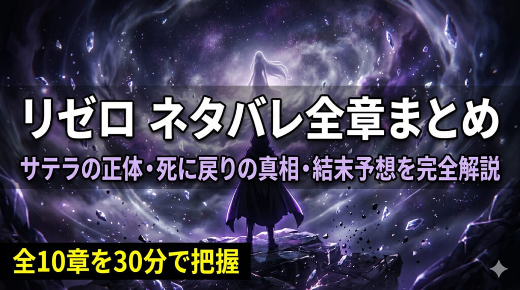 リゼロ ネタバレ記事のアイキャッチ画像。紫色の霧の中に佇むスバルとサテラのシルエットを描いたダークファンタジー構図