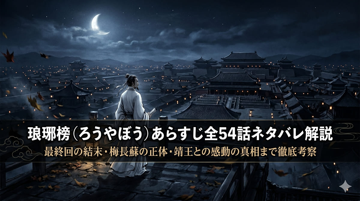 琅琊榜（ろうやぼう）あらすじネタバレ解説記事のアイキャッチ画像。月夜の宮廷テラスに立つ梅長蘇を思わせる孤独な人物の後ろ姿