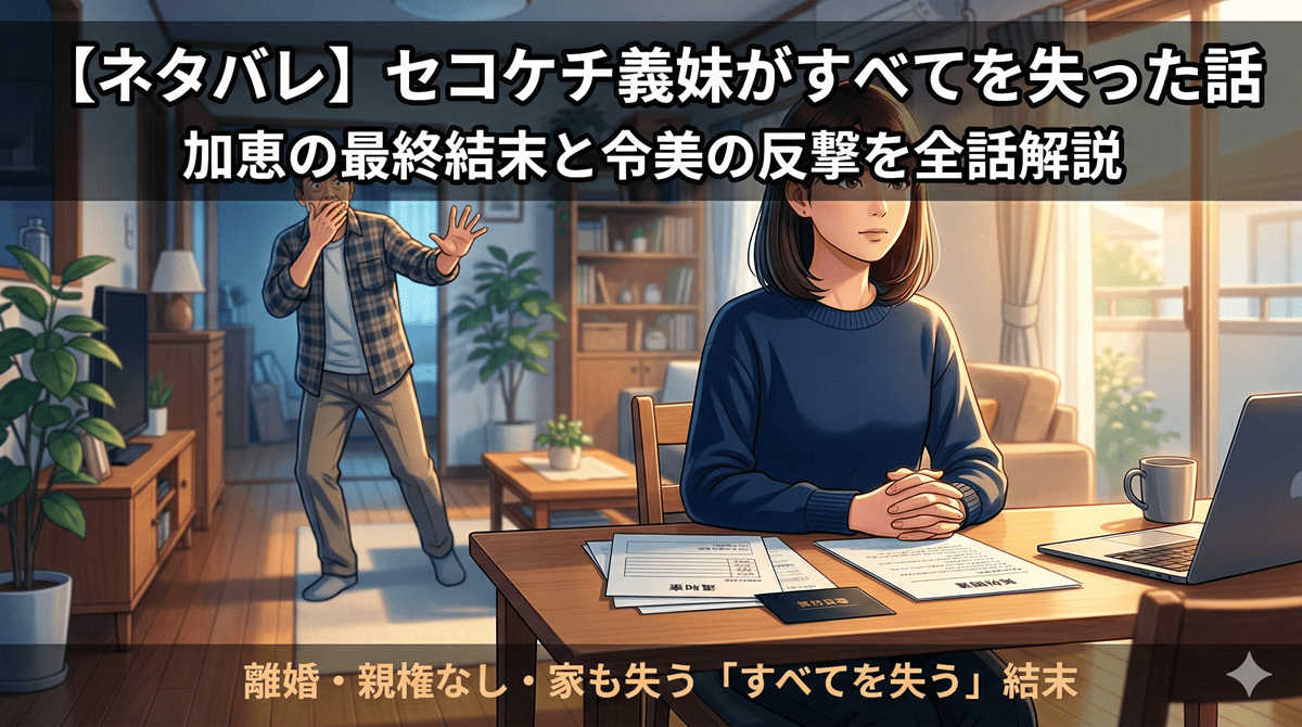セコケチ義妹がすべてを失った話のネタバレ記事アイキャッチ。令美が書類を前に落ち着いた表情で座り、加恵が背後で驚いている構図のイラスト。タイトル「【ネタバレ】セコケチ義妹がすべてを失った話 加恵の最終結末と令美の反撃を全話解説」を記載。