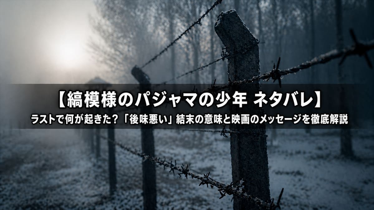 縞模様のパジャマの少年 ネタバレ解説記事のアイキャッチ画像。霧の中の有刺鉄線フェンスを背景に記事タイトルを重ねた、ホロコーストをテーマにした重厚なデザイン