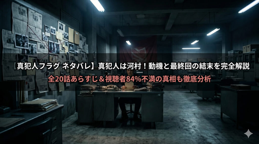 真犯人フラグ ネタバレ記事のアイキャッチ画像。暗い編集部オフィスで証拠を整理する人物の背景に「真犯人は河村！動機と最終回の結末を完全解説」のタイトルテキストを配置したダークスリラー調の横長バナー