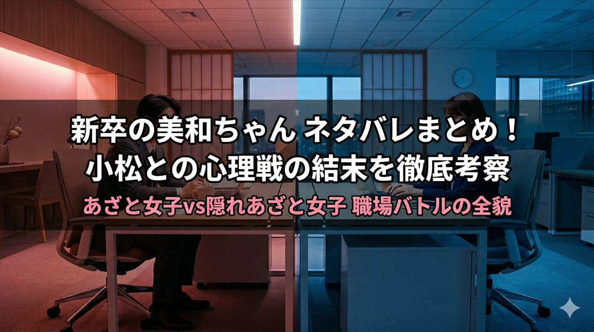 「新卒の美和ちゃん ネタバレ記事のアイキャッチ画像。オフィスを舞台に2つのデスクが対峙するドラマチックな構図に記事タイトルを配置」