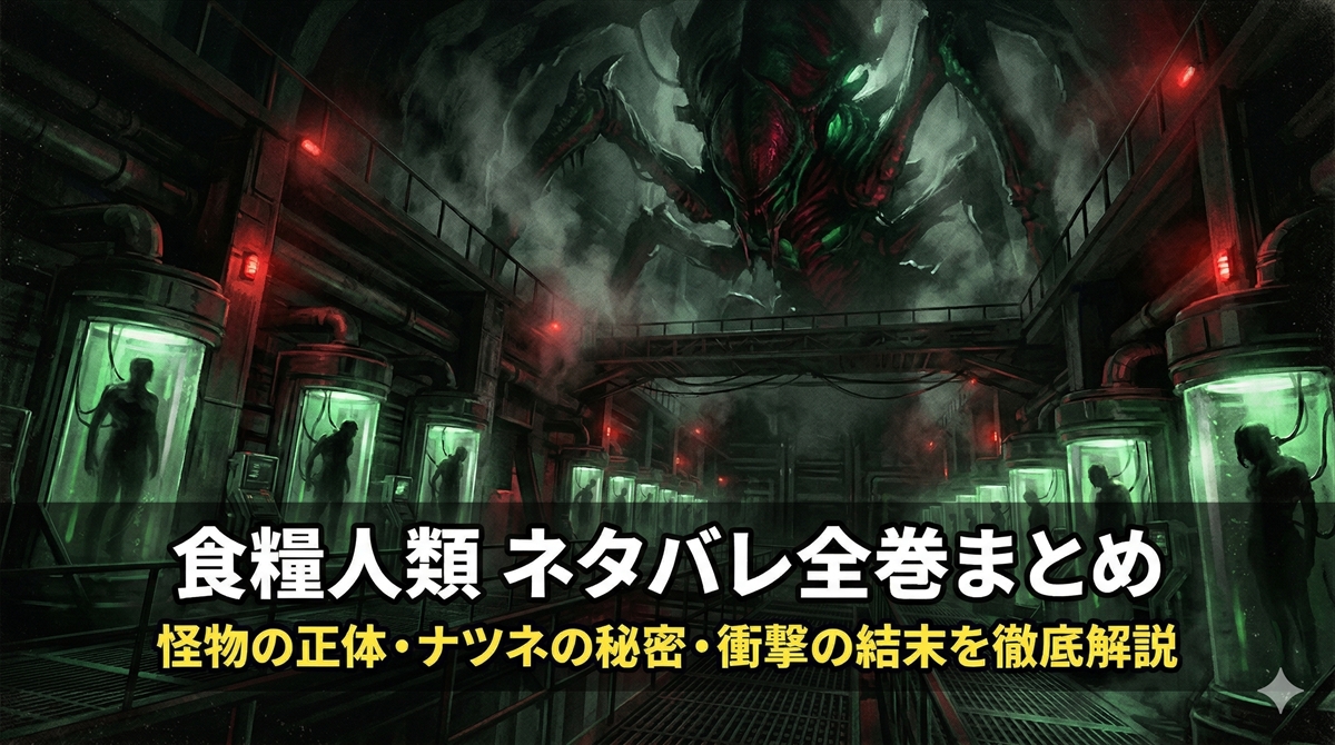 「食糧人類 ネタバレ全巻まとめ記事のアイキャッチ画像。巨大な地球外生命体と地下施設のダークSFホラー構図」