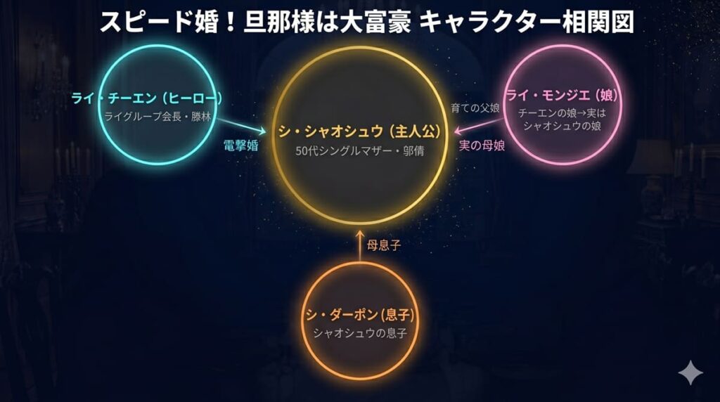 スピード婚！旦那様は大富豪のキャラクター相関図。シャオシュウを中心にチーエン・モンジエ・ダーポンの関係性を図示。モンジエはシャオシュウの実の娘という衝撃の関係も記載