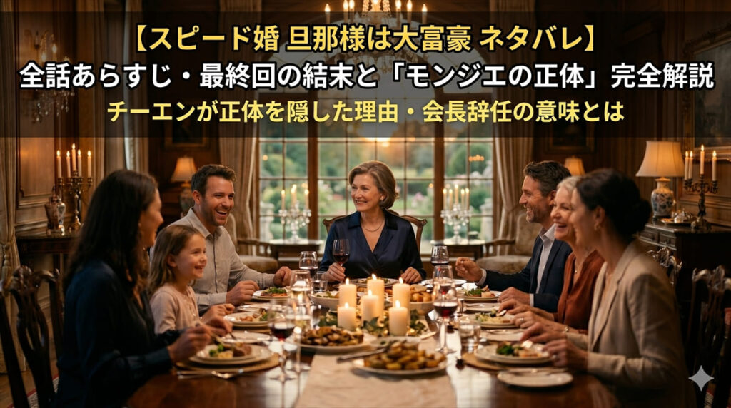 スピード婚 旦那様は大富豪 ネタバレ記事のアイキャッチ画像。豪邸のダイニングで家族が食卓を囲む温かいシーン